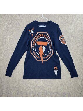 Throwdown Athletics Mens Long Sleeve Navy Blue Graphic Tee Size M 100% Cotton